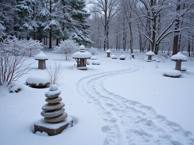 Winter snow covering meditation garden
